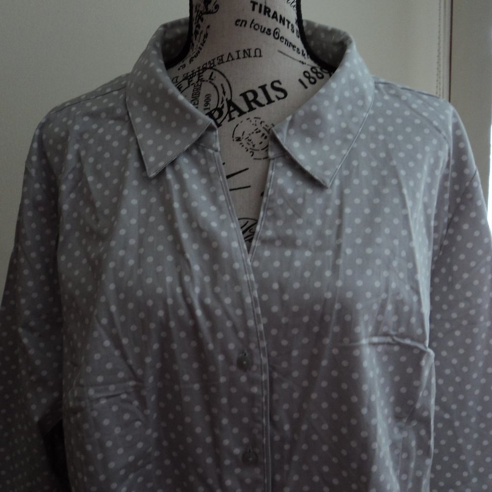 NWT Lane Bryant Women's Plus 28 Blouse Top Gray White 3/4 Sleeve Polka Dots